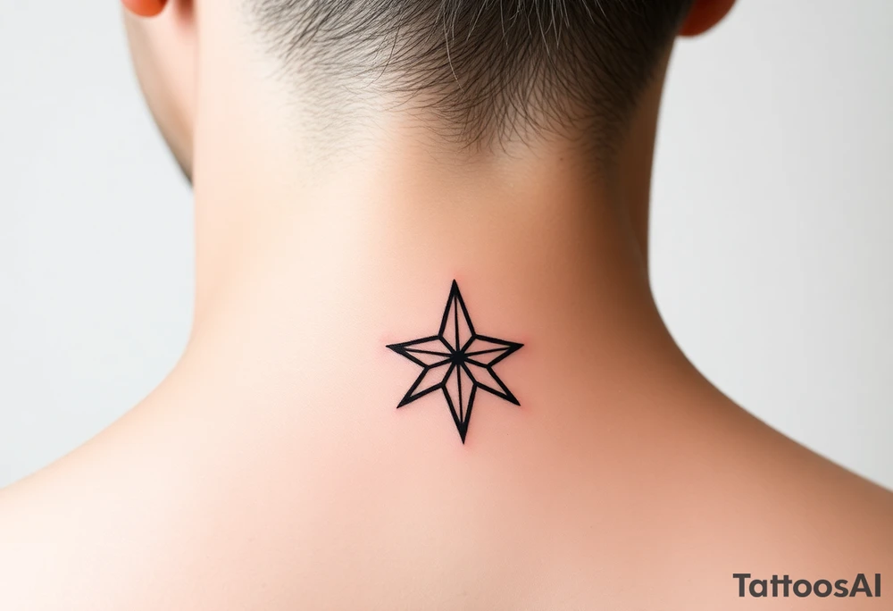 A minimalist crescent moon neck tattoo with a sleek, modern design. The crescent moon is positioned at the top, curving to the left, with a thin, clean line. Below the moon, there is a vertical line intersected by a sharp, star-like shape with four points. The star shape has elongated top and bottom points, giving it a clean, symmetrical look. The tattoo is placed behind the ear, following the natural curve of the neck. The lines are crisp and delicate, creating a stylish, celestial vibe." tattoo idea