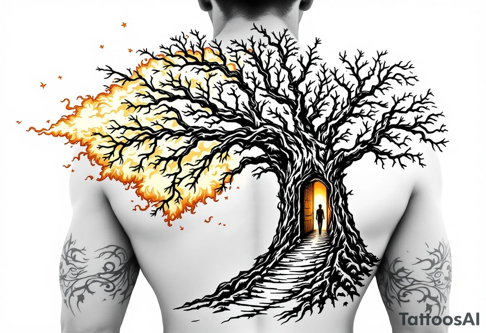 Back tattoo of a big tree with a door and a man walking through the door. On the left draw some fire clouds connecting to the tree, make it a lot tattoo idea