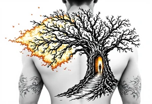 Back tattoo of a big tree with a door and a man walking through the door. On the left draw some fire clouds connecting to the tree, make it a lot tattoo idea