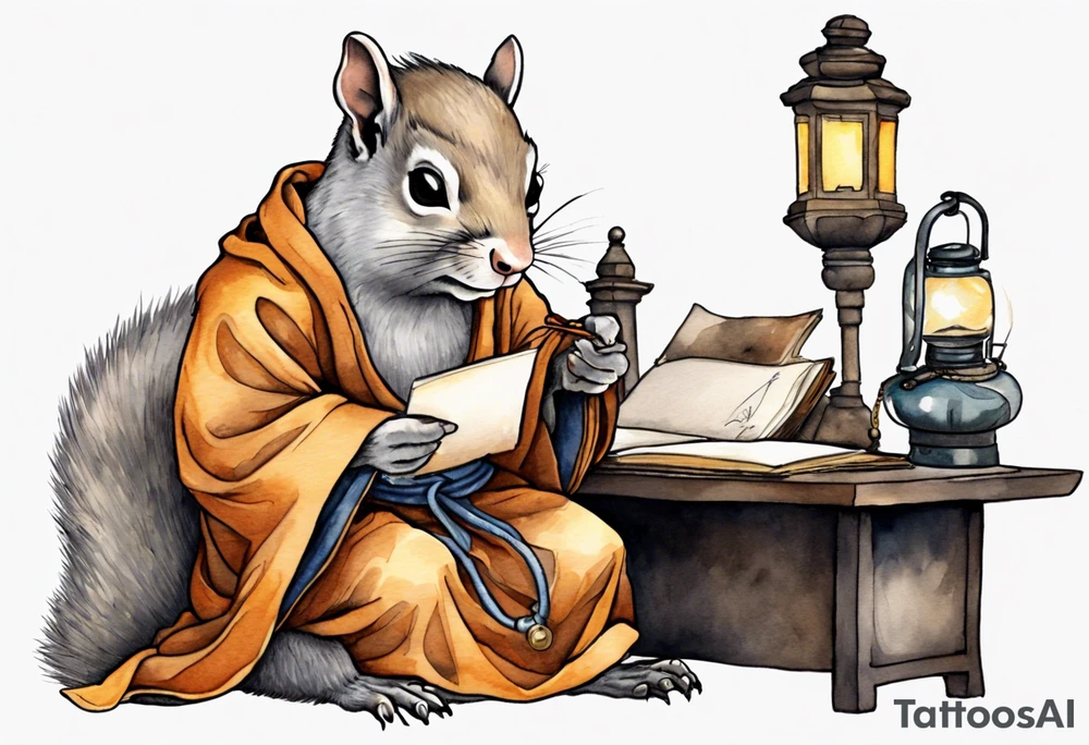 an elderly grey squirrel dressed in a monk robe wearing an eye patch sitting at a desk in the dark writing by a lantern tattoo idea