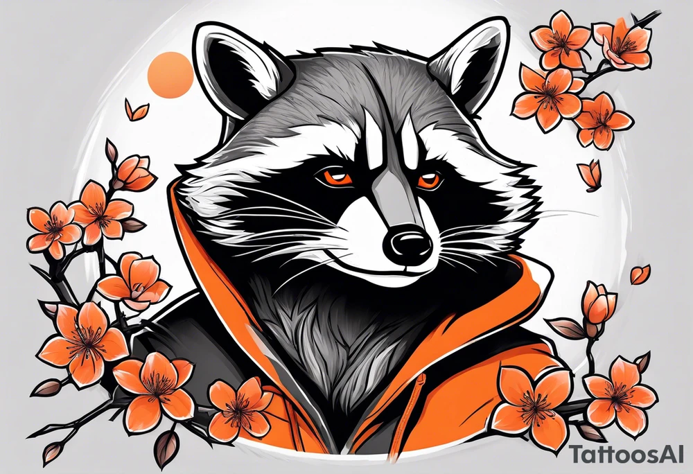 Raccoon wearing a white Superman logo on a black hoodie and orange Japanese cherry blossoms tattoo idea