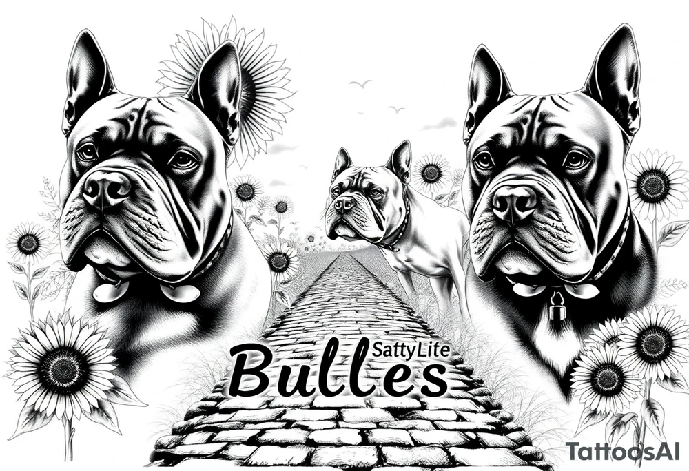 Different American bully portraits in black and white in the background incorporate sunflowers, an old road made from pavers the words Mountain State Bullies tattoo idea