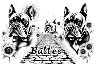 Different American bully portraits in black and white in the background incorporate sunflowers, an old road made from pavers the words Mountain State Bullies tattoo idea