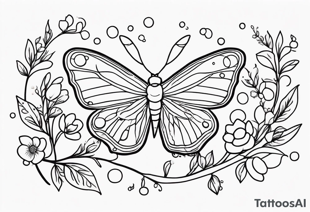 Winding branches and leaves and tiny flowers with a small moth and bubbles tattoo idea