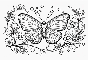 Winding branches and leaves and tiny flowers with a small moth and bubbles tattoo idea