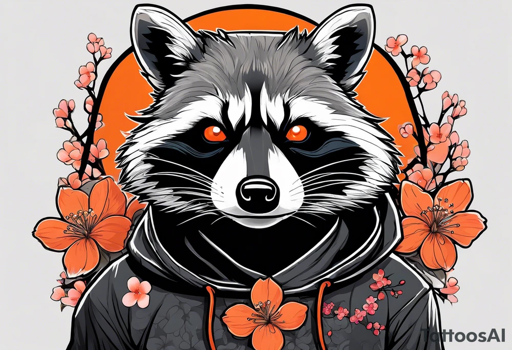 Raccoon wearing a white Superman logo on a black hoodie and orange Japanese cherry blossoms beside tattoo idea