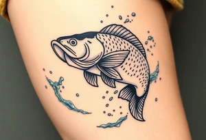 A carp leaping out of a lake, with splashes of water frozen in mid-air, showcasing its strength and agility. tattoo idea