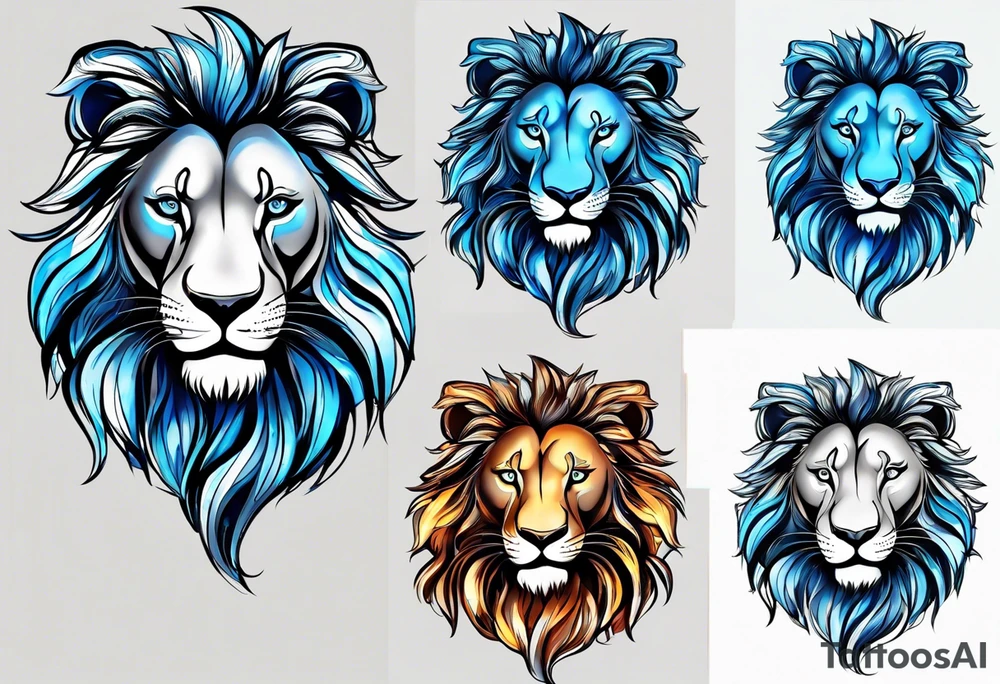I Want zodiac leo/lion for upper arm and bicep. With blue and fire in it. I want the lion to be eating all its strengths and weaknesses labeled in black color tattoo idea