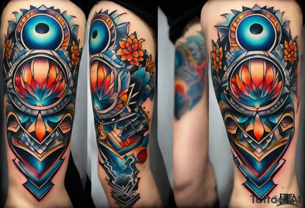 semi Detailed neo traditional knee tattoo flat on paper. The tattoo features geometric patterns and bold lines, creating a visually striking design with slight tints of deep fall colors. outside the tattoo features deep blues washes and water swirls tattoo idea