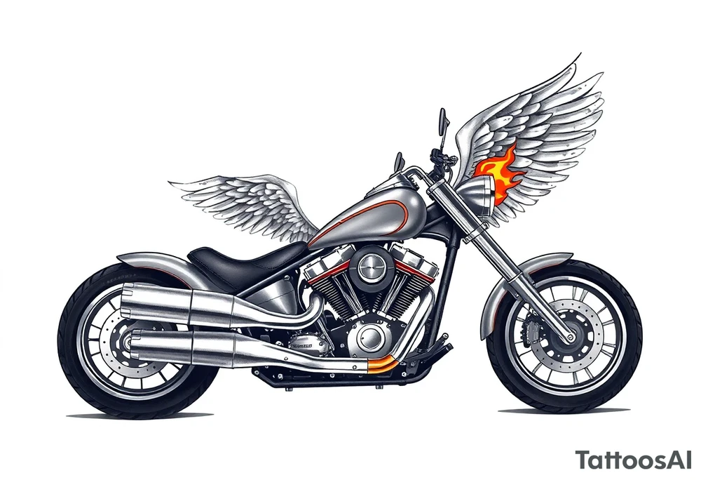 Low rider grey motorcycle, big muffler pipes with flames, angel wings, driving away, no person tattoo idea