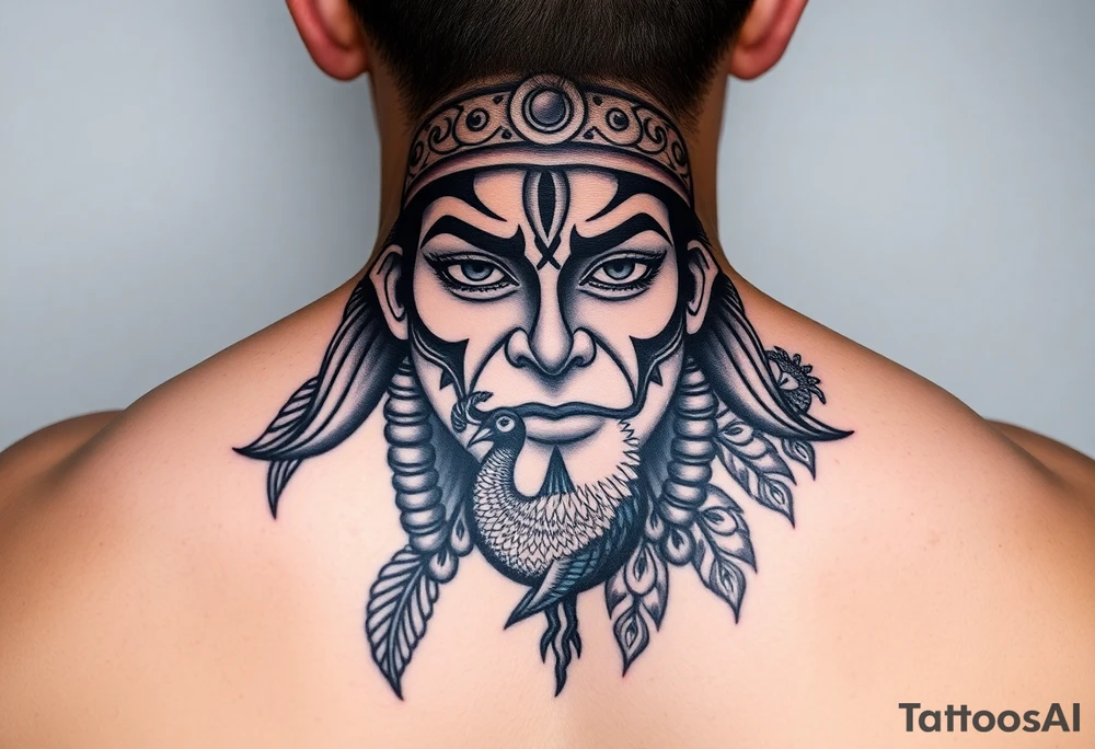 lord murugan colorful face tattoo with peacock tattoo idea