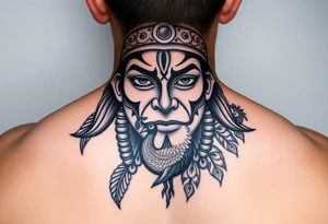 lord murugan colorful face tattoo with peacock tattoo idea