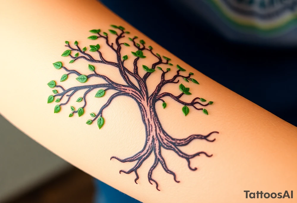 Tree of life. 
Start at your elbow: the trunk begins there—thick, about half an inch wide at the base, bark textured with short, vertical lines so it looks real. It climbs straight up your outer bicep, narrowing just a touch as it goes.
Halfway up—right where your arm bends—two main branches split off. One curves forward toward your shoulder, thinning out into three delicate fingers, each ending in a tiny leaf. The other swings back toward your tricep, shorter, just two leaves—like it’s reaching but not grabbing.
Above that? Nothing. Just your skin, open sky. No birds, no cross—just breathing room.
Now the roots: from the elbow, they fork down like veins. One thick root spirals clockwise around the inside of your forearm—starts fat, then thins—curls twice before disappearing under your wrist. The second root heads straight down the middle, splitting into three smaller ones that fan out like fingers.
Here’s where the words live:
•  “Christ” sits dead center on the thickest root—tall, blocky letters, maybe an old English feel, like carved wood.
•  “Faith” wraps the clockwise root, right where it curves—script font, slanted, flowing like a ribbon.
•  “Strength” on the straight-down root, bold and angular—almost like it’s punched into the bark.
•  “Integrity” on the first little split-off, smaller, tight—sharp edges.
•  “Loyalty” on the second split, looped and soft—like a vow.
•  “Respect” curls under “Loyalty,” half-hidden unless you twist your arm.
•  “Honesty” on the third split, straight and clean.
•  “Family” weaves between two roots—like it’s holding them together.
•  “Honor” sits lowest, near your wrist—grounded, solid.
•  “Help Meet” rides the outer edge of the clockwise root—tiny, intimate, almost whispered.
All black ink. No outlines—just fine lines and shading. Trunk gets a little cross-hatch for depth. Roots get shadow underneath so they look like they’re sinking into your skin. Words? Crisp, but not perfect—like they grew there.
When you flex, the roots shift, the words breathe. When you rest, they settle—like they’re waiting for you to remember them. tattoo idea