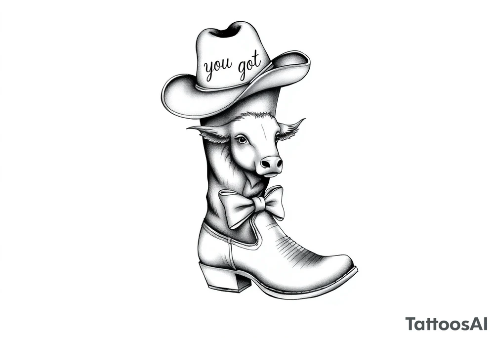 A cowboy boot with a cowboy hat on top the words you got this stitched into the hat and stitched into the boot an orange, a highland cow and a bow tattoo idea