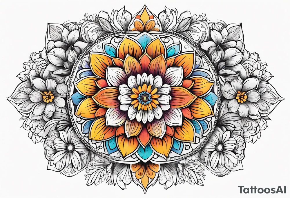 Flowers mandala, colorful, horizontal, botanical tattoo idea