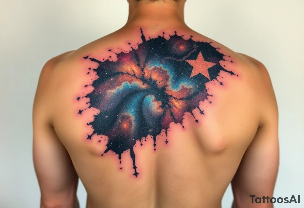 Beautiful and epic 3d milky way that appears to be what is beneath the skin. Make it drape over the shoulder and move to the middle back. use negative spaces to create stars and dust. Incorporate God breathing life into the universe. IKeep it symmetrical tattoo idea