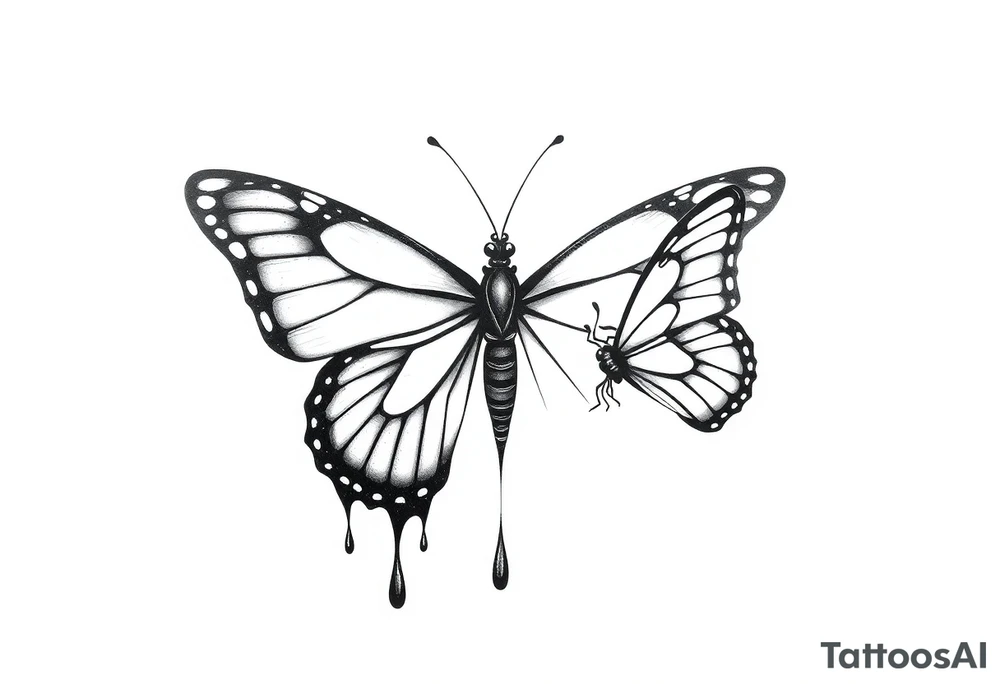 Bleeding butterfly and a second one who is in mental horror style and his placement is right and down from the first one tattoo idea