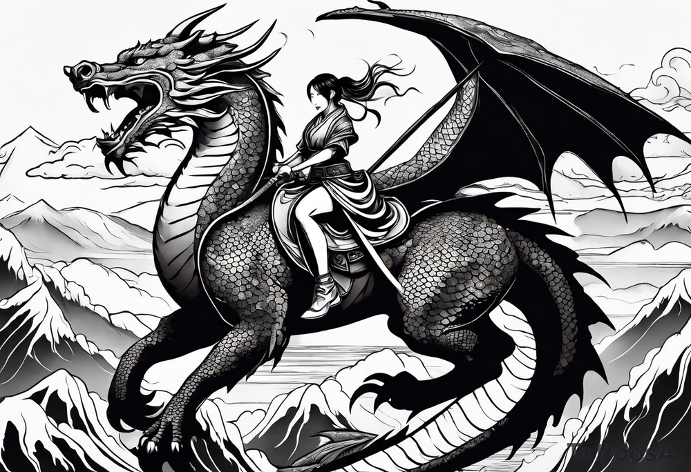 beautiful warrior nymph riding a dragon and the background will be mountains, clouds, and a Japanese building tattoo idea