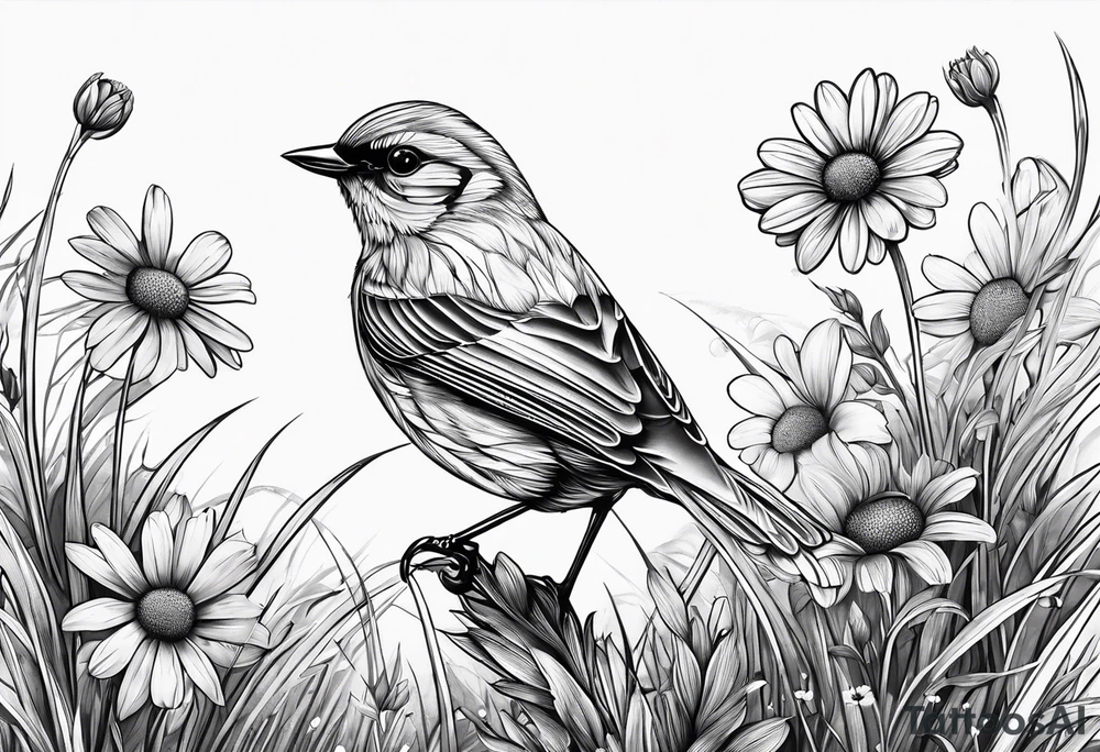 Fine line Little bird perched in grass with a daisy tattoo idea