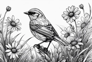 Fine line Little bird perched in grass with a daisy tattoo idea