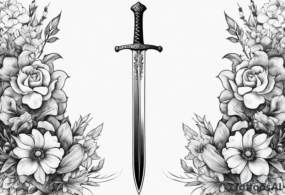 Long skinny sword with flowers in the background tattoo idea