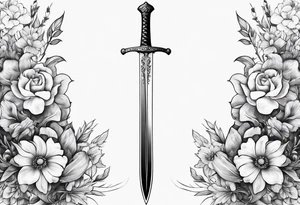 Long skinny sword with flowers in the background tattoo idea