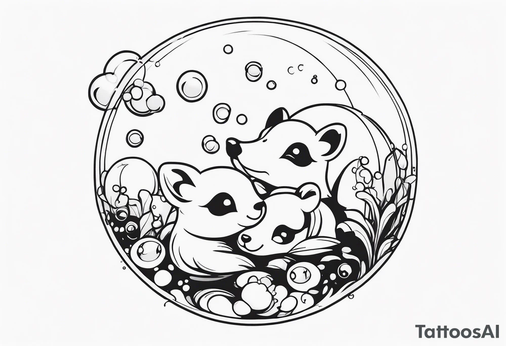 cute animals floating up in bubbles tattoo idea