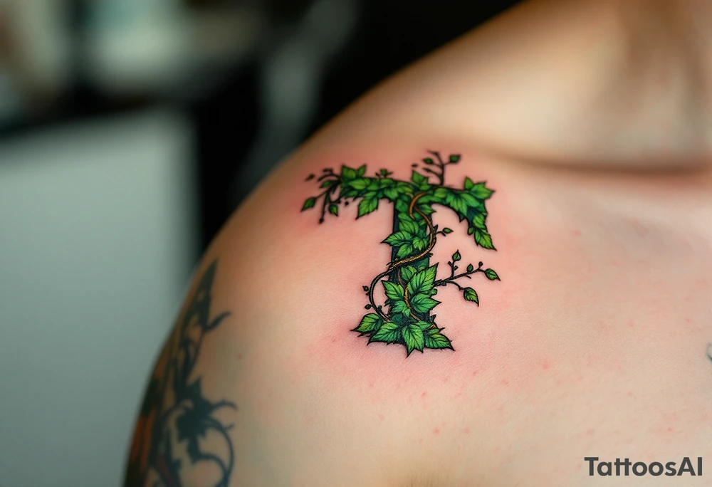 A leaf-textured "T" in forest green with tiny vines wrapping around it. tattoo idea
