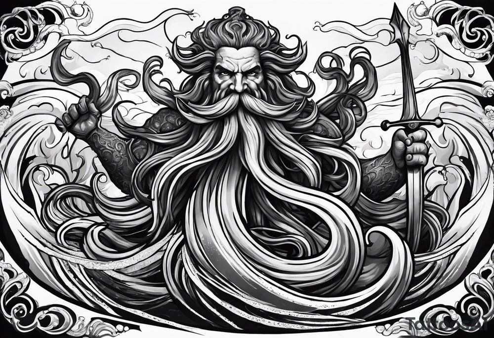 Kraken attacking wrapping tentacles Poseidon thrusting trident stormy sea tattoo idea