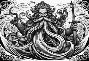 Kraken attacking wrapping tentacles Poseidon thrusting trident stormy sea tattoo idea