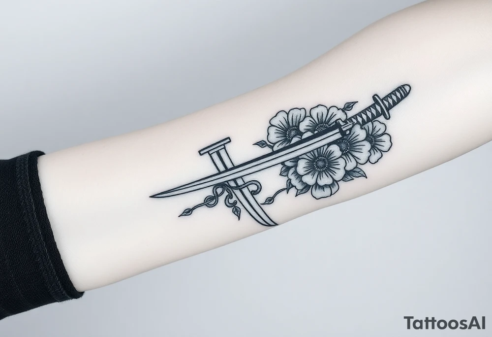 Masculine Japanese sword with flowers around it forearm tattoo idea