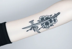 Masculine Japanese sword with flowers around it forearm tattoo idea