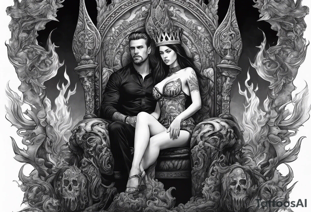 A man wearing a black crown and and a women on a throne in Hell sitting on skulls with flame above tattoo idea