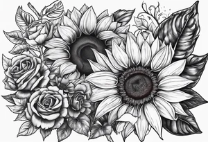 Sunflower and roses with the name Arianna in red scrip letters and “you are my sunshine” tattoo idea