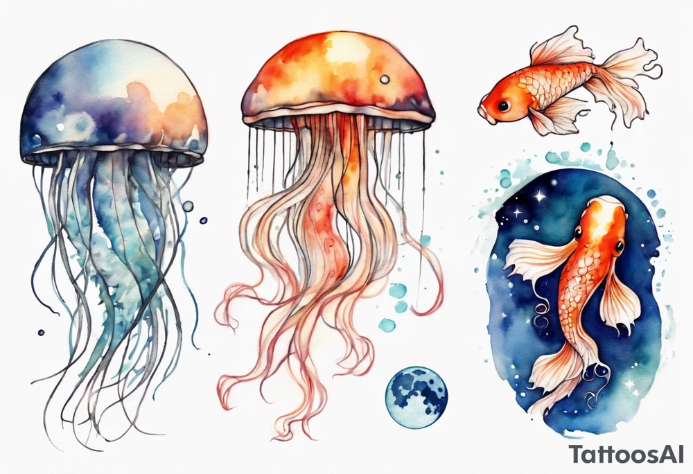 1 jellyfish with the moon in the lid. Then with mini koi carp and jellyfish swimming amongst the tentacles tattoo idea