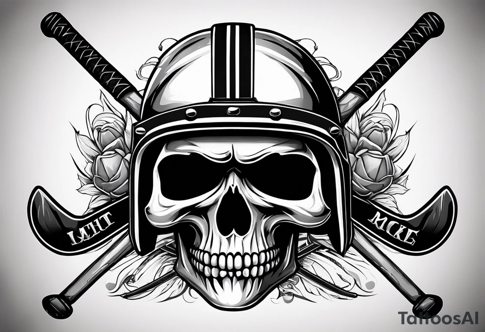 hockey skull with helmet and hockey stick and hockey puck tattoo idea