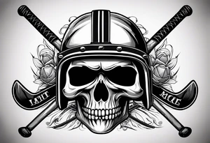 hockey skull with helmet and hockey stick and hockey puck tattoo idea