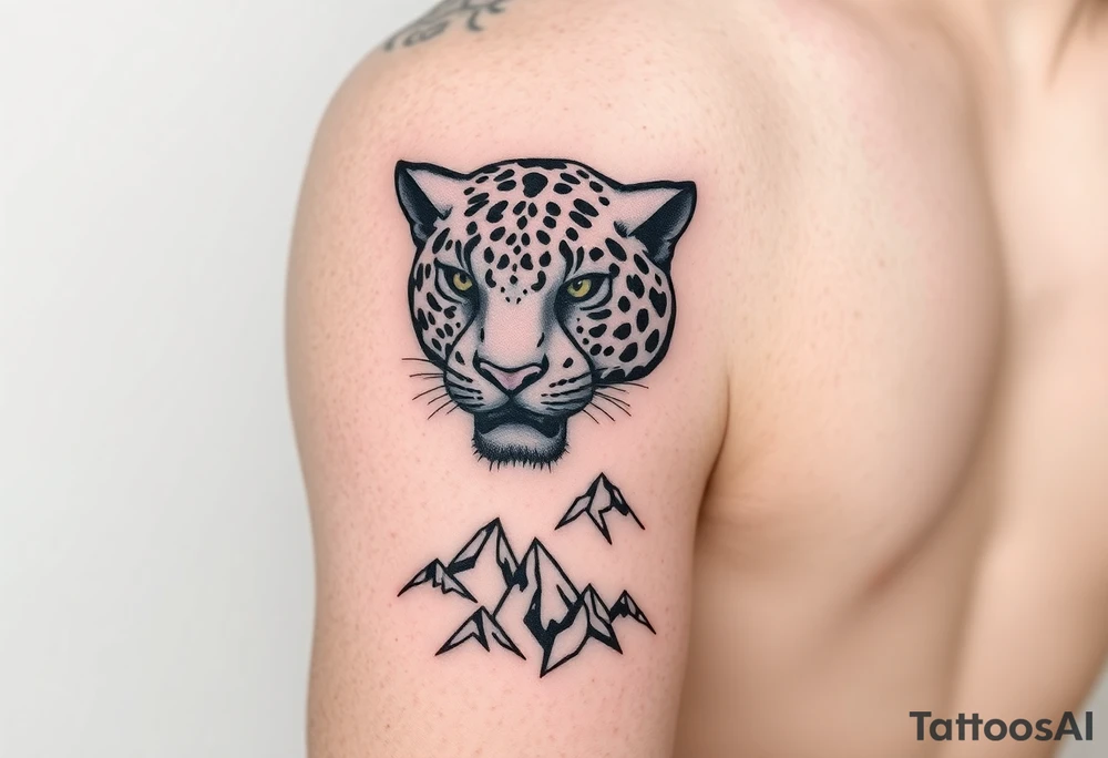 Jaguar face in the arm close to elbow mountains at the bottom close to the wrist tattoo idea