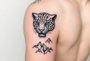 Jaguar face in the arm close to elbow mountains at the bottom close to the wrist tattoo idea