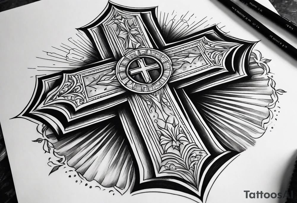 Forearm tattoo cross with rays of sun and
 a Bible verse Jeremiah 29:11 tattoo idea