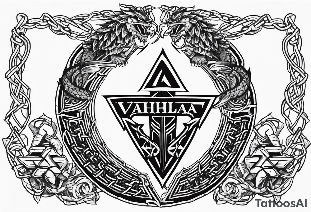 Valhalla sword shield dragon axe Valknut barbed wire chains tattoo idea Valhalla sword shield dragon axe Valknut barbed wire chains tattoo idea