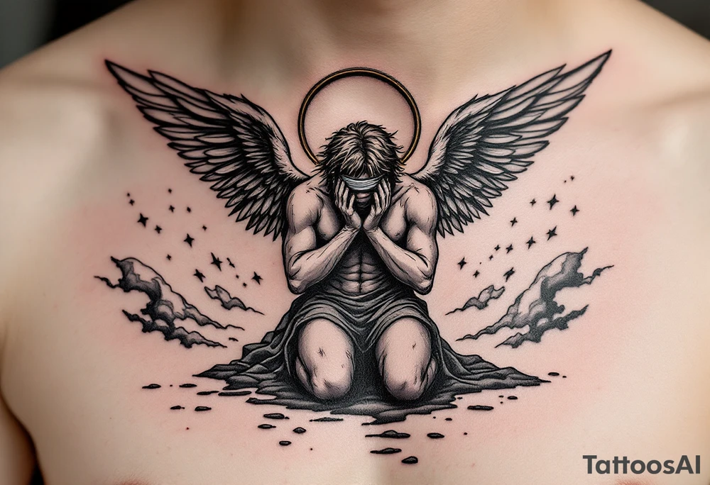 fallen angel on knees down head looking nonsense dropped hands on ground, 
Blindfold,
While his gratful wings scattered in the sky,
With shining halo tattoo idea