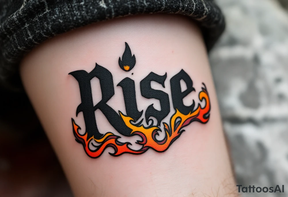 “Rise” in charcoal black capital letters, with burnt orange flames curling around the base above knee. tattoo idea