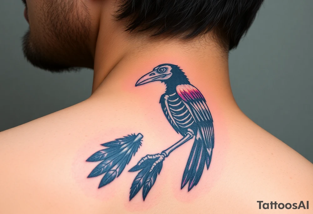 Powerful mythical creature that is raven skeleton with peackock feathers tattoo idea