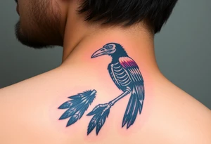 Powerful mythical creature that is raven skeleton with peackock feathers tattoo idea