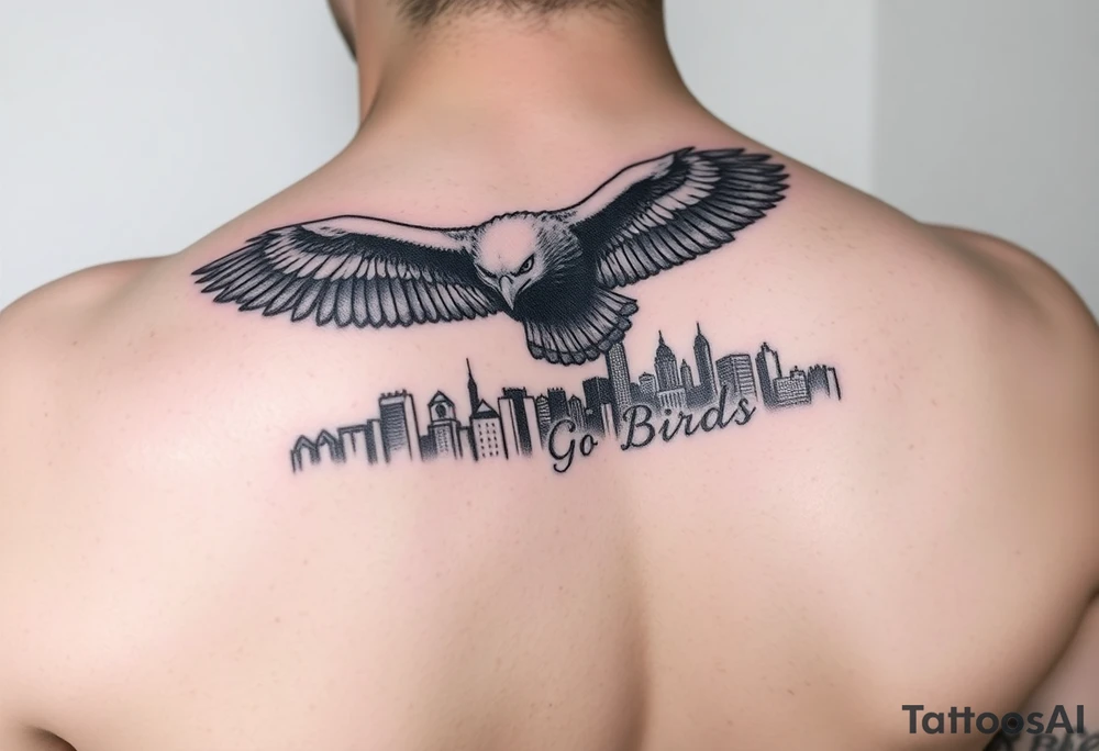 Philadelphia Eagle flying over Philadelphia city skyline faded with a Go Birds under it tattoo idea