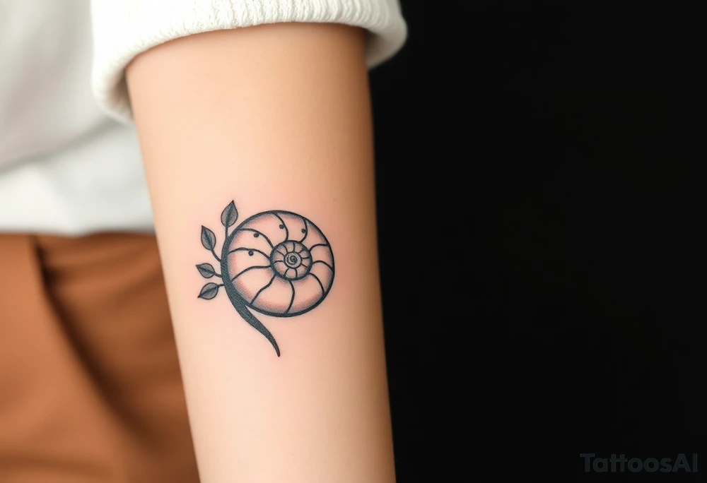 Fibonacci spiral shell inside of tree with leaves tattoo idea