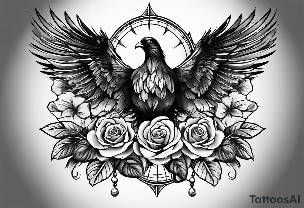 A tattoo that states pain and discipline to achieve your goals in life. it should be placed on the upper back and should express also catholic religion, with pigeon, eagle, roses and a lake. tattoo idea