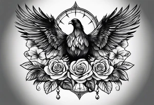 A tattoo that states pain and discipline to achieve your goals in life. it should be placed on the upper back and should express also catholic religion, with pigeon, eagle, roses and a lake. tattoo idea