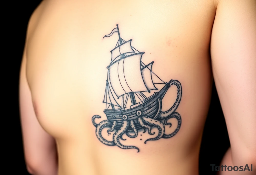 Vertical female side and hip tattoo pirate ship getting sunk by the kraken tattoo idea